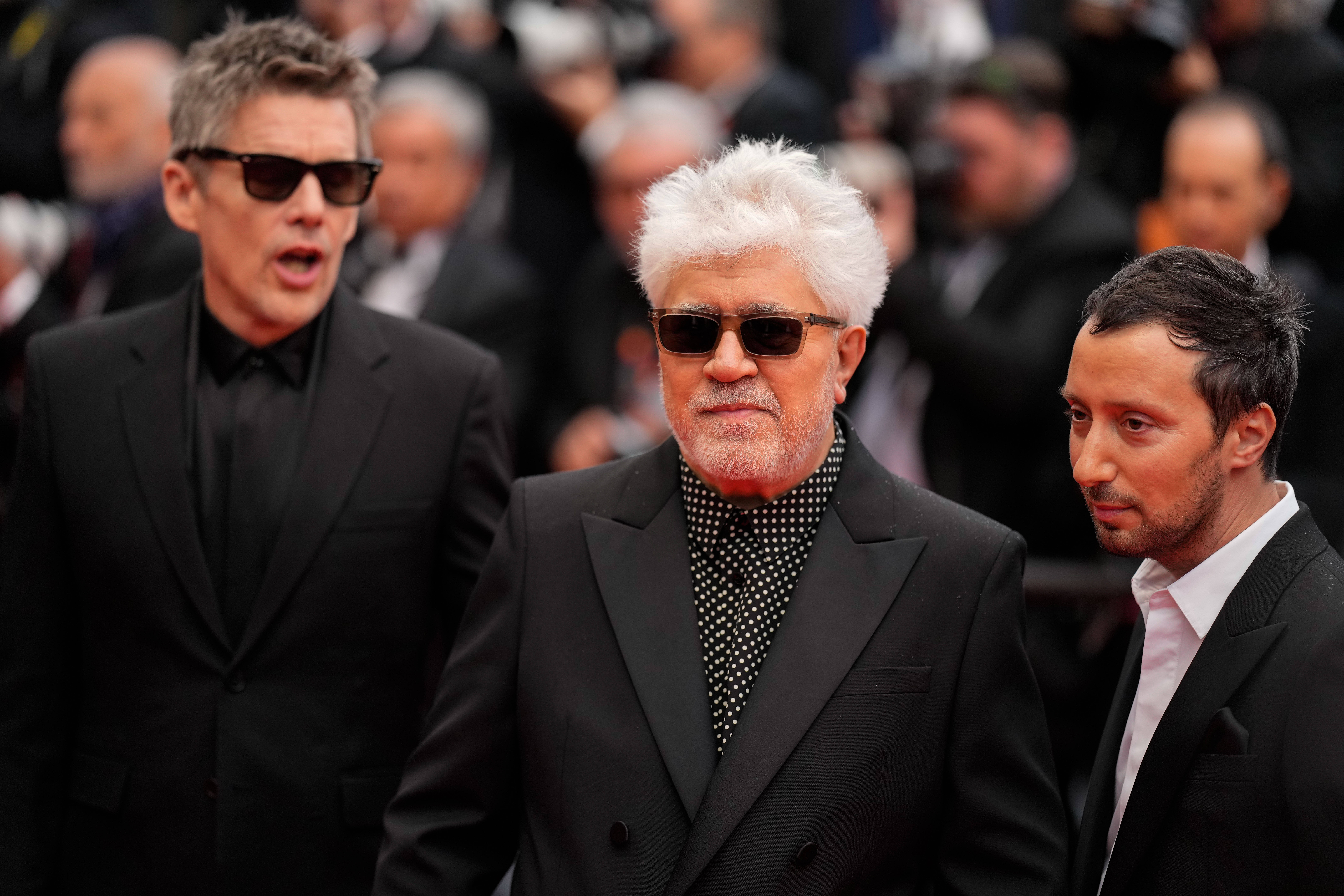The Kaibutsu Monster Movie Premiere at the 76th Edition of the Cannes Film Festival Ethan Hawke, Pedro Almodovar, and Anthony Vaccarello attend the movie premiere and red carpet event for the movie Kaibutsu Monster, which is in competition for the Palme d Or, during the 76th edition of the Cannes Film Festival on May 17 2023, in Cannes, France Cannes Palace of Festivals and Congresses of Cannes Cannes France Copyright: xAlexandraxFechetex _ADR9692