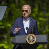 epa11294682 US President Joe Biden delivers remarks to commemorate Earth Day at an event in Prince William Forest Park in Triangle, Virginia, USA, 22 April 2024. President Biden announced 7 billion USD in grants for residential solar projects.  EPA/SHAWN THEW / POOL