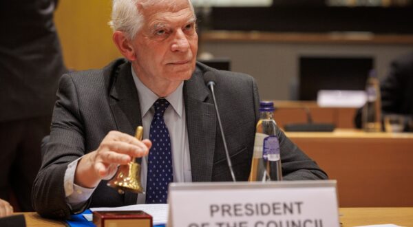 epa11324055 High Representative of the European Union for Foreign Affairs and Security Policy Josep Borrell rings the Bell of the President of the Council at the European Union Foreign Affairs Ministers Council in its development configuration in Brussels, Belgium, 07 May 2024. EU Ministers will exchange views on the situation in Ukraine, Europe engagement, and preparations for the summit of the future. The discussion is also expected to focus on humanitarian and reconstruction aspects in Palestine, and the report by the Independent Review Group on UNRWA, led by ex-French Foreign Affairs minister Catherine Colonna, will inform the council.  EPA/OLIVIER MATTHYS
