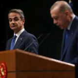 epa11337396 Greek Prime Minister Kyriakos Mitsotakis (L) looks on during a press conference withTurkish President Recep Tayyip Erdogan (R) after their meeting at the Presidential Palace in Ankara, Turkey, 13 May 2024.  EPA/NECATI SAVAS