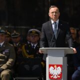 epa11344958 Polish President Andrzej Duda (2-R) speaks during ceremonies marking Border Guard Day in Gdansk, northern Poland, 16 May 2024. The Border Guard Day, established by the Sejm on 21 July 1995 under the Border Guard Act, is an official professional holiday celebrated on 16 May every year in Poland.  EPA/ADAM WARZAWA POLAND OUT