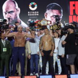 epa11348743 British boxer Tyson Fury and Oleksandr Usyk of Ukraine  face off after the weigh-in in Riyadh, Saudi Arabia, 17 May 2024. Tyson Fury and Oleksandr Usyk will face each other in the first undisputed heavyweight contest of the 21st century on 18 May 2024 in Riyadh.  EPA/ALI HAIDER