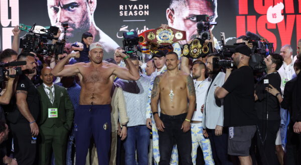 epa11348743 British boxer Tyson Fury and Oleksandr Usyk of Ukraine  face off after the weigh-in in Riyadh, Saudi Arabia, 17 May 2024. Tyson Fury and Oleksandr Usyk will face each other in the first undisputed heavyweight contest of the 21st century on 18 May 2024 in Riyadh.  EPA/ALI HAIDER