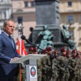 epa11349933 Polish Prime Minister Donald Tusk speaks during a ceremony to mark the 80th anniversary of the 'Battle of Monte Cassino' at the Main Market Square, Krakow, southern Poland, 18 May 2024. The Battle of Monte Cassino, also called the 'Battle of Rome', was a series of four military assaults from February to 18 May 1944 by the Allied Forces against Nazi-German forces in Italy during the Italian Campaign of World War II, in which soldiers from the Polish II Corps launched one of the final assaults on 16 May 1944.  EPA/ART SERVICE POLAND OUT