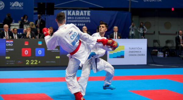 08.05.2024., Zadar -  59. Europsko prvenstvo u karateu: Grk Konstantinos Mastrogiannis izbacio Ivana Kvesica Photo: Sime Zelic/PIXSELL