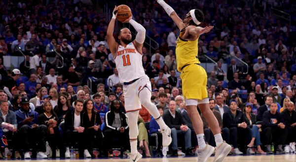 May 6, 2024; New York, New York, USA; New York Knicks guard Jalen Brunson (11) takes a shot against Indiana Pacers guard Andrew Nembhard (2) during the first quarter of game one of the second round of the 2024 NBA playoffs at Madison Square Garden. Mandatory Credit: Brad Penner-USA TODAY Sports Photo: Brad Penner/REUTERS