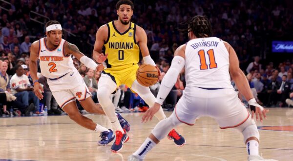 May 19, 2024; New York, New York, USA; Indiana Pacers guard Tyrese Haliburton (0) controls the ball against New York Knicks guards Miles McBride (2) and Jalen Brunson (11) during the first quarter of game seven of the second round of the 2024 NBA playoffs at Madison Square Garden. Mandatory Credit: Brad Penner-USA TODAY Sports Photo: Brad Penner/REUTERS