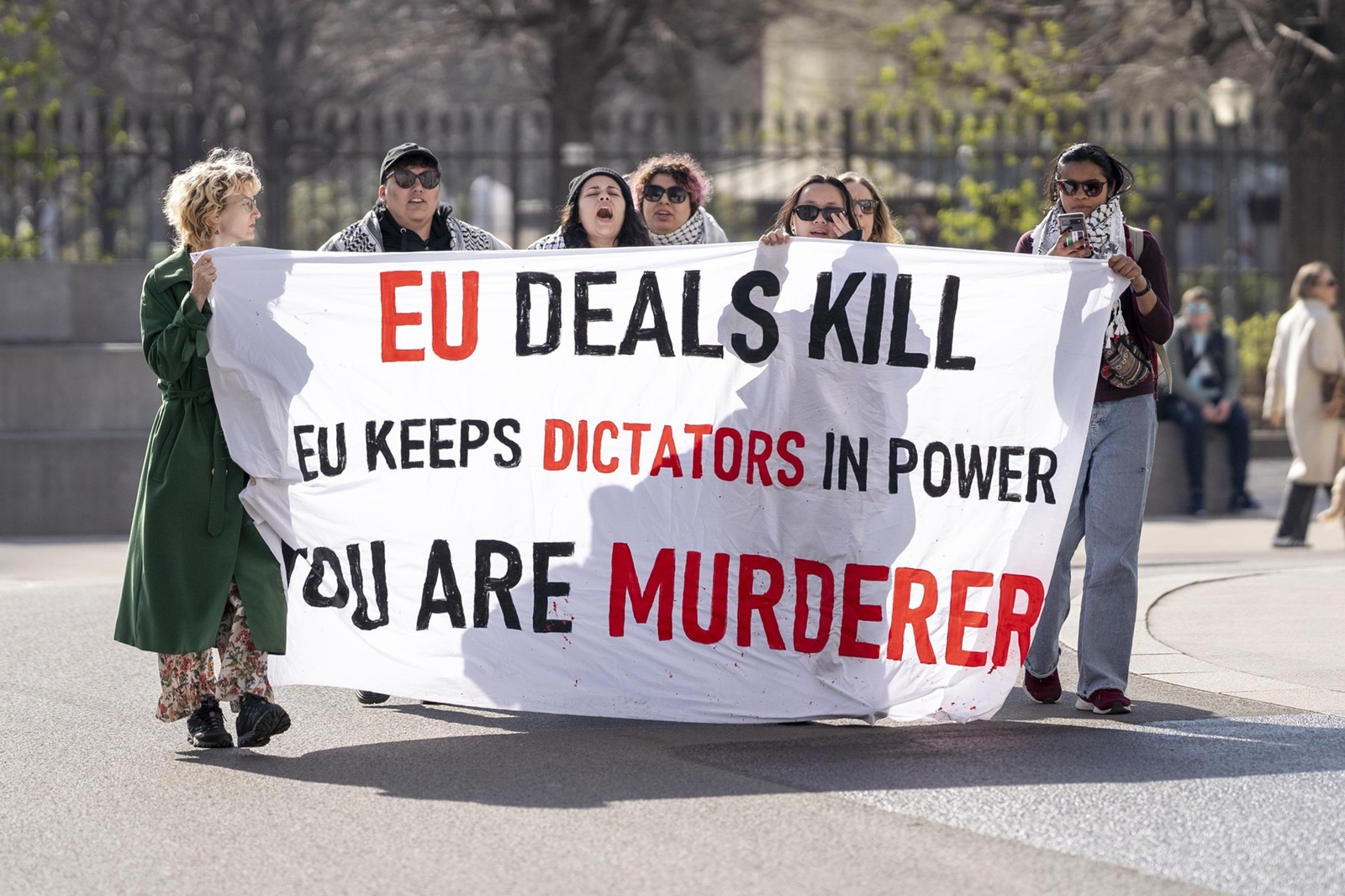 March 20, 2024, Vienna, Vienna, Austria: Pro-Palestine activists protest while President of the European Parliament ROBERTA METSOLA is on a working visit to Vienna.,Image: 858279148, License: Rights-managed, Restrictions: , Model Release: no, Credit line: Andreas Stroh / Zuma Press / Profimedia