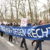 March 10, 2024, Gruenheide, Brandenburg, Germany: On March 10, 2024, over 1200 people took part in a demonstration in Grünheide to protest against the expansion of the Tesla Gigafactory. The demonstration marched from Fangschleuse station to Grünheide town hall, passing a counter-demonstration organized by the local SPD and angry people.,Image: 855580811, License: Rights-managed, Restrictions: * Germany Rights Out *, Model Release: no, Credit line: Jonas Gehring / Zuma Press / Profimedia