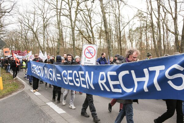 March 10, 2024, Gruenheide, Brandenburg, Germany: On March 10, 2024, over 1200 people took part in a demonstration in Grünheide to protest against the expansion of the Tesla Gigafactory. The demonstration marched from Fangschleuse station to Grünheide town hall, passing a counter-demonstration organized by the local SPD and angry people.,Image: 855580811, License: Rights-managed, Restrictions: * Germany Rights Out *, Model Release: no, Credit line: Jonas Gehring / Zuma Press / Profimedia