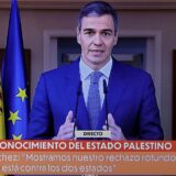 A picture of a TV screen taken on May 28, 2024 shows Spain's Prime Minister Pedro Sanchez delivering a speech over the recognition of Palestinian statehood by Spain, at La Moncloa Palace in Madrid. Recognising Palestinian statehood is 'essential for reaching peace' said Spain's Prime Minister Pedro Sanchez on May 28, 2024. Spain, Ireland and Norway will formally recognise a Palestinian state Tuesday in a decision slammed by Israel as a "reward" for Hamas more than seven months into the devastating Gaza war.,Image: 877029930, License: Rights-managed, Restrictions: , Model Release: no, Credit line: Thomas COEX / AFP / Profimedia