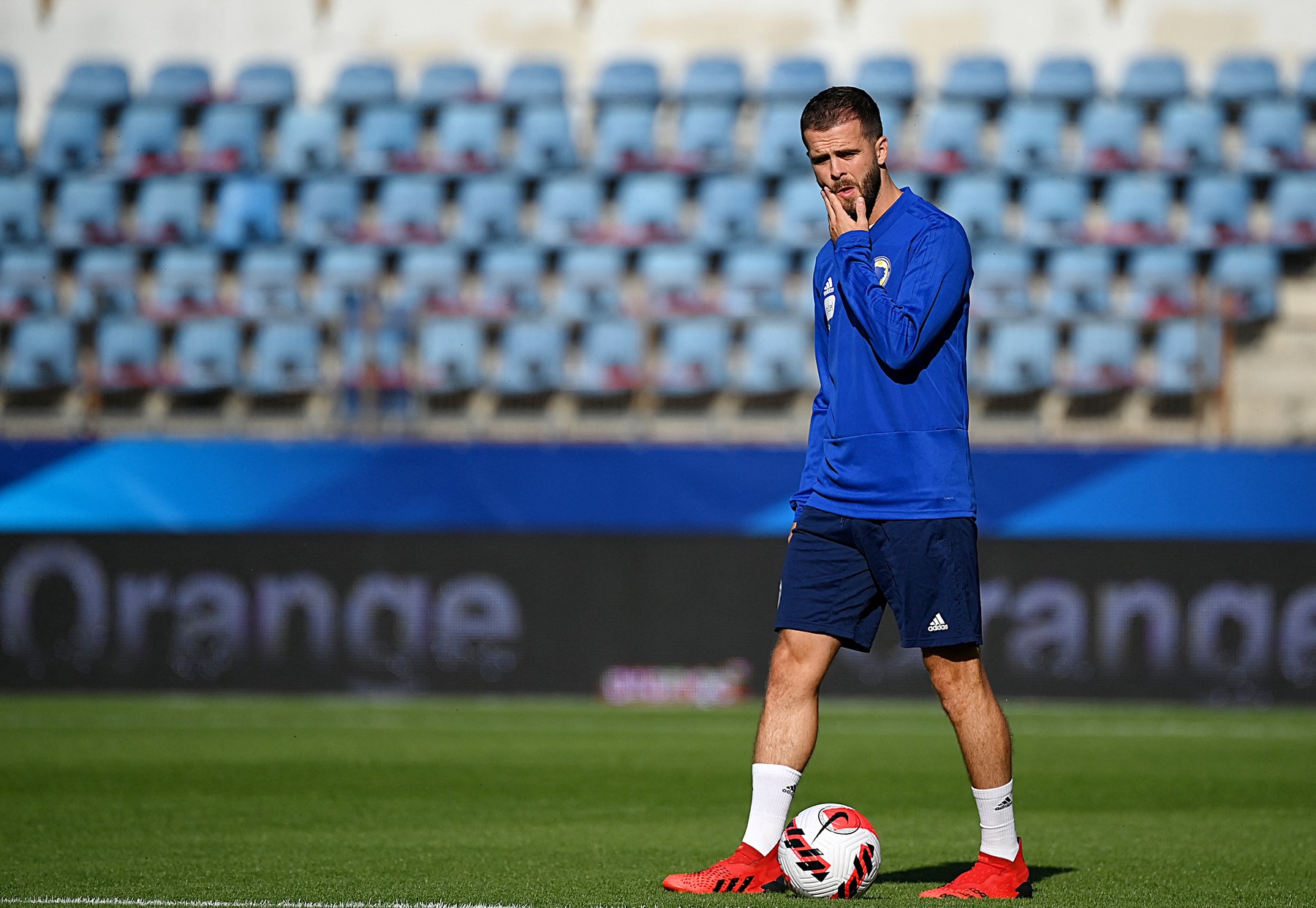 Bosnia-Herzegovina's midfielder Miralem Pjanic looks as he attends a training session at the Meineau stadium in Strasbourg, on August 31, 2021 on the eve of the FIFA World Cup Qatar 2022 qualification Group D football match between France and Bosnia-Herzegovina.,Image: 629656072, License: Rights-managed, Restrictions: , Model Release: no, Credit line: FRANCK FIFE / AFP / Profimedia
