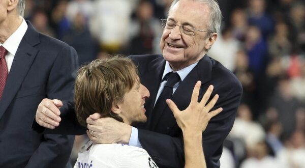President of Real Madrid Florentino Perez, Luka Modric of Real Madrid during the trophy ceremony following the UEFA Champions League Final football match between Liverpool FC and Real Madrid CF on May 28, 2022 at Stade de France in Saint-Denis near Paris, France - Photo Jean Catuffe / DPPI,Image: 695364594, License: Rights-managed, Restrictions: Hungary Out, Model Release: no, Credit line: JEAN CATUFFE / AFP / Profimedia