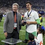 American actor Will Ferrell gives the 'man of the match' trophy to goalkeeper of Real Madrid Thibaut Courtois following the UEFA Champions League Final football match between Liverpool FC and Real Madrid CF on May 28, 2022 at Stade de France in Saint-Denis near Paris, France - Photo Jean Catuffe / DPPI,Image: 695364620, License: Rights-managed, Restrictions: Hungary Out, Model Release: no, Credit line: JEAN CATUFFE / AFP / Profimedia