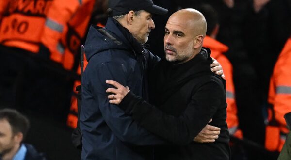 Bayern Munich's German head coach Thomas Tuchel (L) and Manchester City's Spanish manager Pep Guardiola (R) embrace after the UEFA Champions League quarter final, first leg football match between Manchester City and Bayern Munich at the Etihad Stadium in Manchester, north-west England, on April 11, 2023. Manchester City won the game 3-0.,Image: 768682806, License: Rights-managed, Restrictions: , Model Release: no, Credit line: Paul ELLIS / AFP / Profimedia