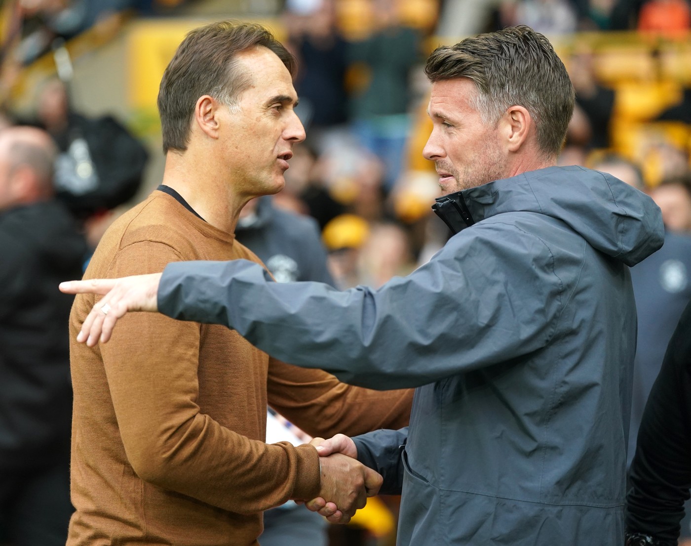 Wolverhampton Wanderers manager Julen Lopetegui greets Luton Town manager Rob Edwards ahead of the pre-season friendly match at the Molineux Stadium, Wolverhampton. Picture date: Wednesday August 2, 2023.,Image: 793847592, License: Rights-managed, Restrictions: Use subject to restrictions. Editorial use only, no commercial use without prior consent from rights holder., Model Release: no, Credit line: Nick Potts / PA Images / Profimedia