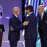 (L to R) Spain's head coach Luis de la Fuente greets Croatia's head coach Zlatko Dalic next to Italy's head coach Luciano Spalletti next to the trophy after the final draw for the UEFA Euro 2024 European Championship football competition in Hamburg, northern Germany on December 2, 2023.,Image: 826197303, License: Rights-managed, Restrictions: , Model Release: no, Credit line: Odd ANDERSEN / AFP / Profimedia