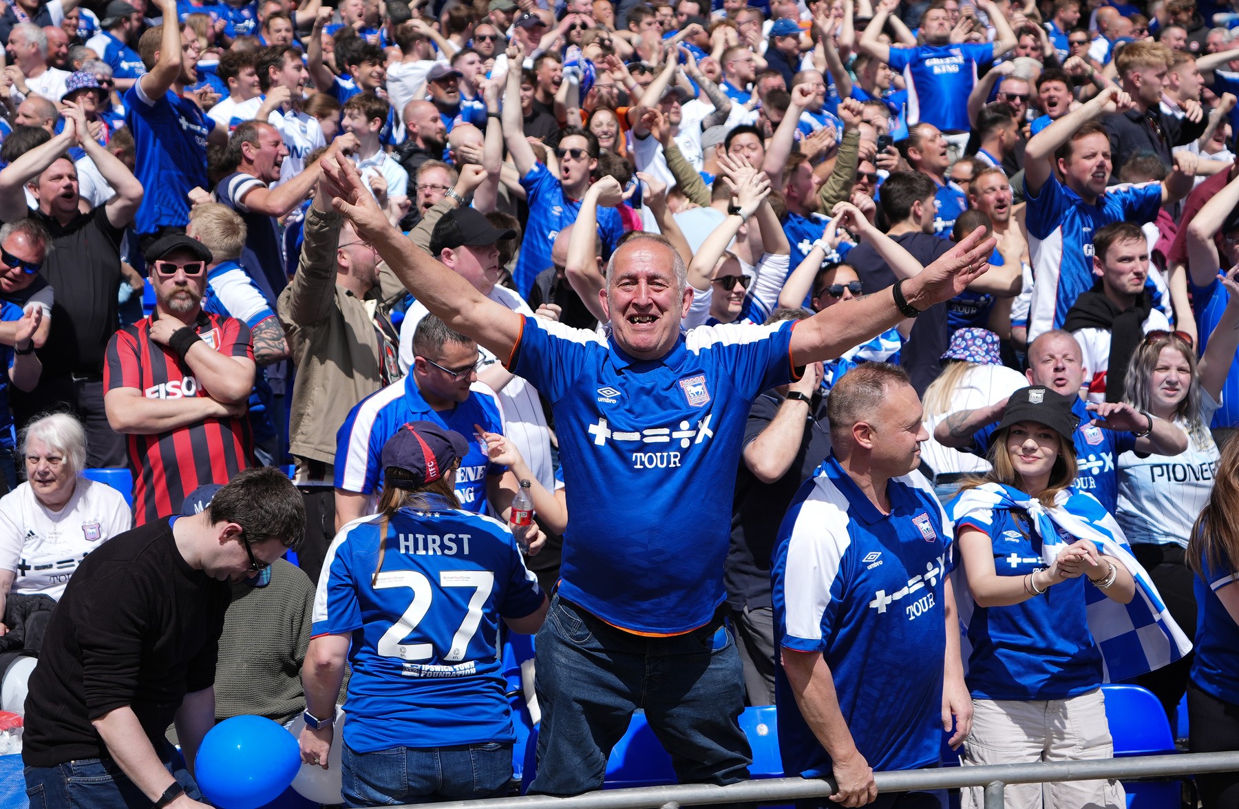 Ipswich Town supporters after their sides first goal during the Sky Bet Championship match at Portman Road, Ipswich. Picture date: Saturday May 4, 2024.,Image: 870159423, License: Rights-managed, Restrictions: EDITORIAL USE ONLY No use with unauthorised audio, video, data, fixture lists, club/league logos or "live" services. Online in-match use limited to 120 images, no video emulation. No use in betting, games or single club/league/player publications., Model Release: no, Credit line: Zac Goodwin / PA Images / Profimedia