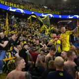 Marco Reus (BD) celebrates with fans the qualification to final at the end of the UEFA Champions League semi-final football match, 2nd leg, between Paris Saint-Germain and Borussia Dortmund at Parc des Princes in Paris, France, on May 7, 2024. Photo Jean-Marie Hervio / KMSP,Image: 871052199, License: Rights-managed, Restrictions: , Model Release: no, Credit line: HERVIO Jean-Marie / AFP / Profimedia