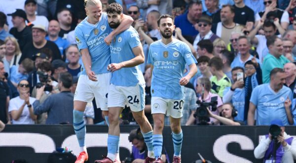Manchester City's Josko Gvardiol celebrates scoring his side's third goal with Erling Haaland during the English championship Premier League football match between Fulham and Manchester City on May 11, 2024 at Craven Cottage in London, England - Photo Ashley Western / Colorsport / DPPI,Image: 872207801, License: Rights-managed, Restrictions: Hungary Out UK, China, Japan, Germany, Italy and Norway OUT, Model Release: no, Credit line: Ashley Western / AFP / Profimedia