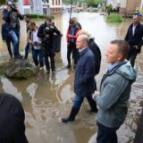 German Chancellor Olaf Scholz wades through water as they visit flood stricken town of Kleinblittersdorf on May 18, 2024, after heavy rains caused flooding, swamping streets and buildings and sparking evacuations in south west Germany. In the southwestern German state of Saarland, streets were deep underwater and images on social media showed emergency workers carrying local residents to safety in boats. State capital Saarbruecken was hard hit while German daily Bild reported that a breach in a dyke in the town of Quierschied led to a power station in the area being shut down.,Image: 874117690, License: Rights-managed, Restrictions: , Model Release: no, Credit line: Iris Maria Maurer / AFP / Profimedia