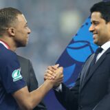 Paris Saint Germain's Qatari President Nasser Al-Khelaifi (R) shakes hands of Paris Saint-Germain's French forward #07 Kylian Mbappe (L) on the podium as he congratulates him on winning the French Cup Final football match between Olympique Lyonnais (OL) and Paris Saint-Germain (PSG) at the Stade Pierre-Mauroy, in Villeneuve-d'Ascq, northern France on May 25, 2024.,Image: 876647472, License: Rights-managed, Restrictions: , Model Release: no, Credit line: FRANCK FIFE / AFP / Profimedia