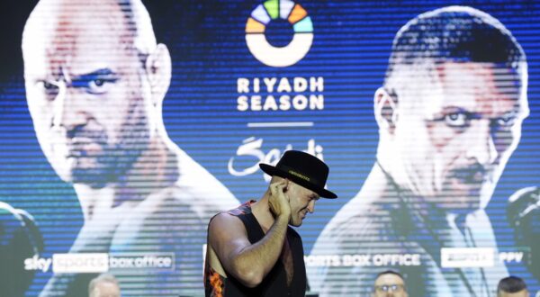 Tyson Fury gestures during a press conference at BLVD City Music World, Riyadh. The IBF, WBA, WBC and WBO heavyweight title fight between Tyson Fury v Oleksandr Usyk will take place on Saturday 18th May. Picture date: Thursday May 16, 2024.,Image: 873658034, License: Rights-managed, Restrictions: RESTRICTIONS: Use subject to restrictions. Editorial use only, no commercial use without prior consent from rights holder., Model Release: no, Credit line: Nick Potts / PA Images / Profimedia
