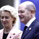 President of the European Commission Ursula von der Leyen, next to Germany's Chancellor Olaf Scholz (R), looks on prior to the European Council summit at the EU headquarters in Brussels on March 21, 2024.,Image: 858503405, License: Rights-managed, Restrictions: , Model Release: no, Credit line: Sameer Al-Doumy / AFP / Profimedia